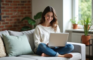 Young woman working laptop sitting home on couch. Brunette female browsing internet, smiling, using tech, telecommuting. Attractive person relaxing at comfortable modern apartment with green plants.