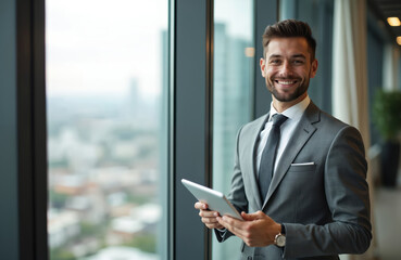 Young businessman stands near office window holding digital tablet. Happy, confident man in formal wear, smiling. Corporate office, modern work environment, successful career, tech, online, business,