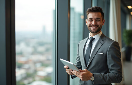 Young businessman stands near office window holding digital tablet. Happy, confident man in formal wear, smiling. Corporate office, modern work environment, successful career, tech, online, business,