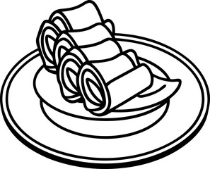 Appetizing spring rolls served on a plate black and white line art illustration representing food and cuisine