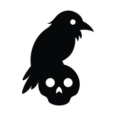 Tiny black raven perched quietly as classic witches familiar bird silhouette