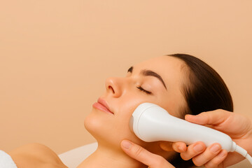High-Resolution Ultra-Realistic Image of a Woman Receiving a Facial Ultrasound Skin Treatment with a Handheld Device in a Spa Setting – Ideal for Promoting Non-Invasive Aesthetic Procedures