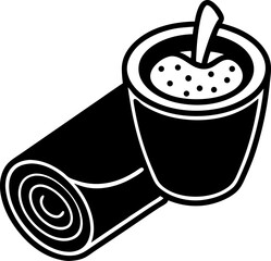 Isometric black and white vector illustration of a rolled towel and a cup of tea or coffee with beverage and handle