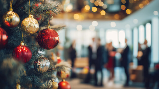 Close-up of a decorated Christmas tree with colorful ornaments and lights in a modern office interior with people blurred in the background.
- Powered by Adobe