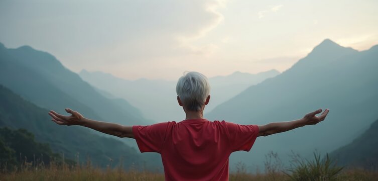Senior woman practices breathing exercise in nature. Female meditates in early morning fog with mountains in background. Elder person enjoys wellness, peaceful, active healthy lifestyle.