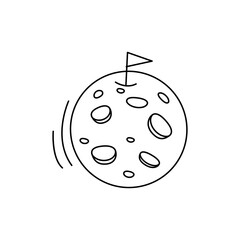 Hand Drawn Cartoon Moon with Flag. Vector Illustration. Isolated on White Background.