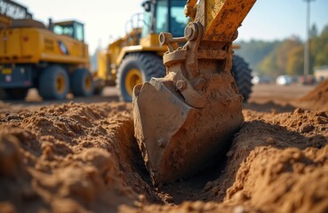 Fototapeta premium Bulldozer bucket fills trench with earth at construction site. Excavation works, industrial zone, engineering. Heavy machinery digging, moving dirt. Development, building, excavating, outdoors,