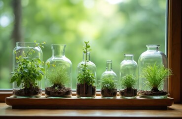 Close-up of in-vial plants in glass bottles. Plants with green leaves, soil, nature at window. Natural interior home decor. Green background, gardening.