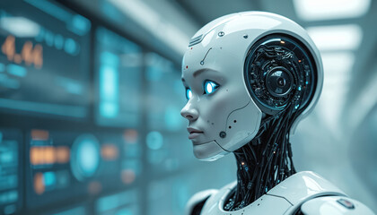 Futuristic android portrait, cybernetic female. Robot profile advanced tech, digital interfaces. AI, human-machine interface, robotics, innovation, future tech concepts. Cyberpunk vibes, virtual