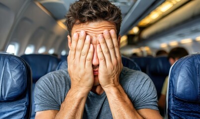 Distressed man covering face while flying on airplane, fear of flying travel photo concept