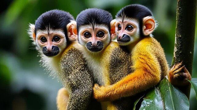 Three close-knit monkeys showcasing vibrant colors in a lush jungle.