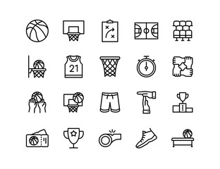 Basketball Vector Icon Set | Adjustable Line Weight | Ball, court, hoop, dunk, player, jersey, score, basket, match, game, sport, net, training, arena icons