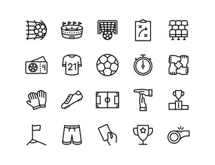 Soccer Vector Icon Set | Adjustable Line Weight | Ball, goal, field, match, player, team, kick, stadium, uniform, referee, trophy, shoot, coach, tactics icons