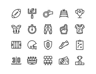 American Football Vector Icon Set | Adjustable Line Weight | Ball, helmet, goalpost, jersey, timer, tackle, field, score, playbook, fans, victory icons