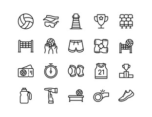 Volleyball Vector Icon Set | Adjustable Line Weight | Ball, net, match, serve, player, uniform, team, court, spike, trophy, timer, game, coach, bench, audience icons