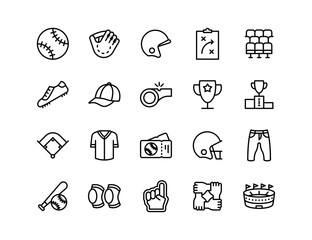 Baseball Vector Icon Set | Adjustable Line Weight | Ball, glove, bat, helmet, cleats, field, cap, scoreboard, pitcher, catcher, team, stadium icons