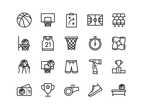 Basketball Vector Icon Set | Adjustable Line Weight | Ball, court, hoop, dunk, player, jersey, score, basket, match, game, sport, net, training, arena icons