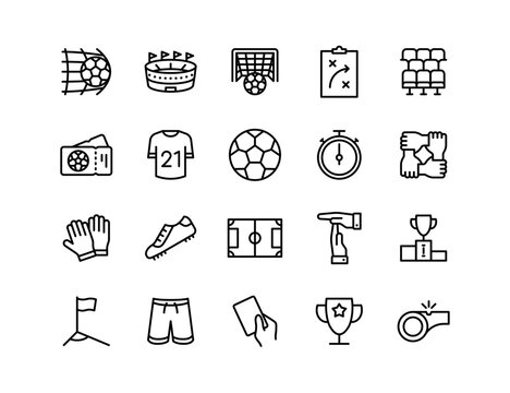 Soccer Vector Icon Set | Adjustable Line Weight | Ball, goal, field, match, player, team, kick, stadium, uniform, referee, trophy, shoot, coach, tactics icons