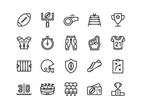 American Football Vector Icon Set | Adjustable Line Weight | Ball, helmet, goalpost, jersey, timer, tackle, field, score, playbook, fans, victory icons
