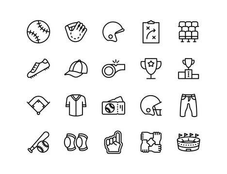 Baseball Vector Icon Set | Adjustable Line Weight | Ball, glove, bat, helmet, cleats, field, cap, scoreboard, pitcher, catcher, team, stadium icons
