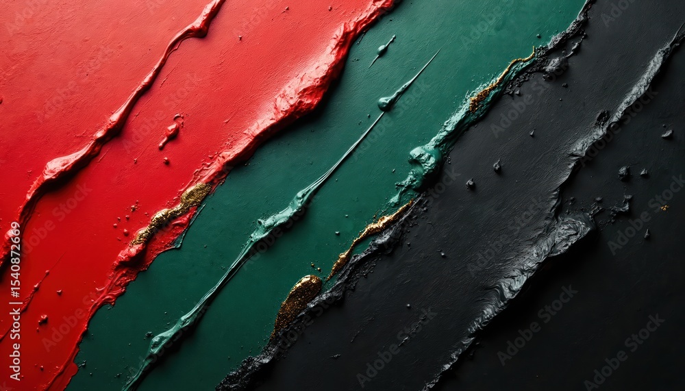 Poster abstract art featuring vibrant brush strokes in red green black colors with golden accents. dynamic 