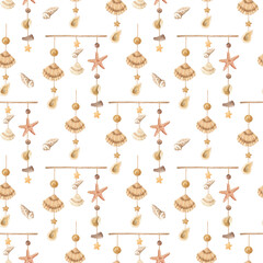 Fototapeta premium Watercolor marine pattern. Home textiles. Ocean theme. Rest. Sea coast, Embankment. Print for fabric. Summer, summer mood. Shells. Brown, beige colors. Shell pattern. Underwater.