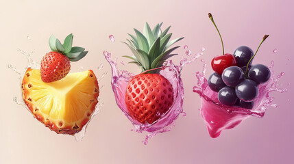 3D fresh fruits and juice splashing togethe pineapple, strawberry, cherry, and grape juices mixing in a vibrant splash. Vector illustration capturing the dynamic motion and freshness of the drink.
