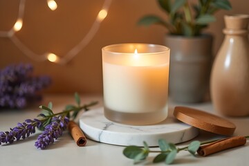 Frosted Glass Soy Candle on Marble Podium – Natural Home Fragrance Scene with Candle Light, Dried Lavender, and Cinnamon Sticks