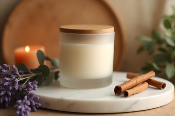 Frosted Glass Soy Candle with Wooden Lid on Marble Podium – Natural Home Fragrance Scene with Dried Lavender, and Cinnamon Sticks