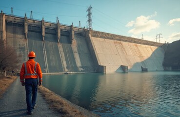 Worker walks against huge concrete dam, hydroelectric power station. Clear blue sky. Reservoir lake. Industrial landscape, environmental energy. Engineering, infrastructure, technology, renewable