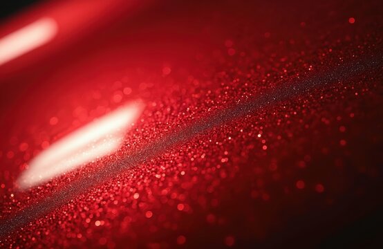 Close-up of red metallic car paint surface. Abstract background shows texture, glitter. Shiny details, automotive industry, modern design, luxury sport car, auto bodywork, detail.