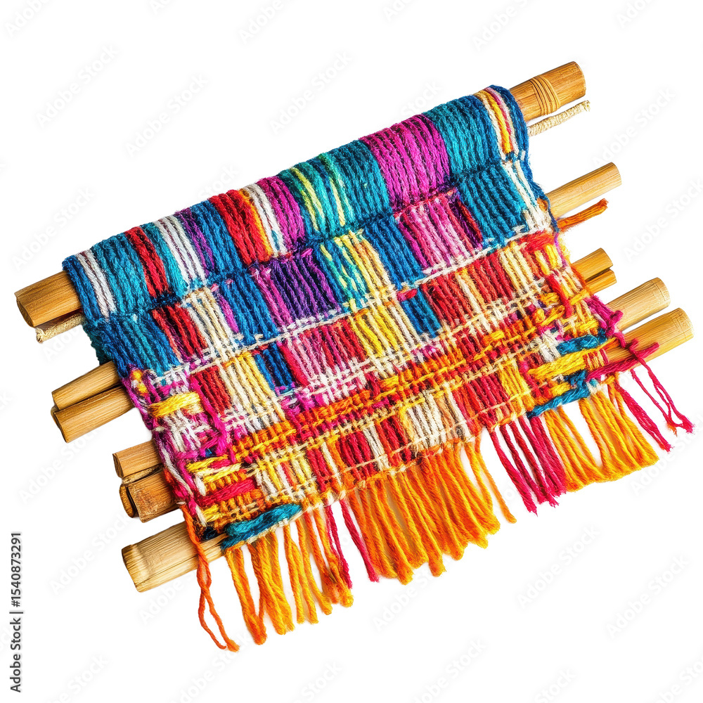 Poster handmade colorful loom weaving bundle displayed on a transparent background, colorful handmade loom 