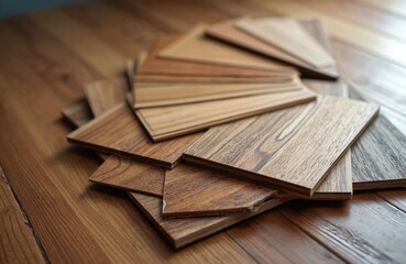 Fototapeta premium Fan-shaped wood-look laminate flooring samples display various shades, textures. Different colors of wood flooring samples with design choices, home decor, renovation, remodel project, bricolage