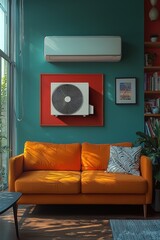 Minimalistic living room featuring modern air conditioner and stylish decor
