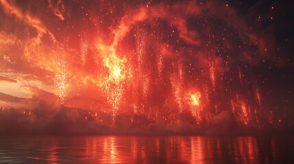 Passionate bursts of fiery red and orange fireworks interspersed with glowing white comet trails