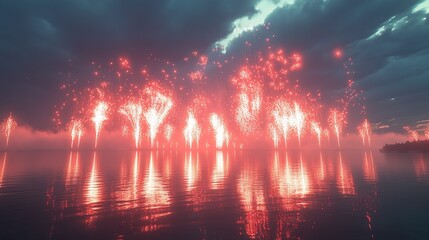 Passionate bursts of fiery red and orange fireworks interspersed with glowing white comet trails