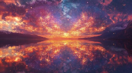 Patterns of radiant purple and fiery copper fireworks colliding into symmetrical striped bursts