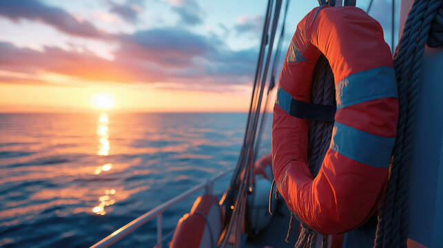 Vibrant sunset over ocean with lifebuoy on sailing ship deck