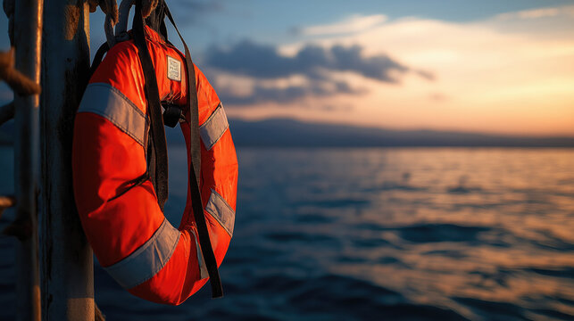Orange lifebuoy on boat with ocean and sunset background
