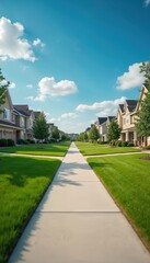 Obraz premium Suburban neighborhood with contrasting green lawns, walkway, houses. Residential area with blue sky, white clouds. Home ownership, real estate concept. Modern architecture, gardening, urban housing.