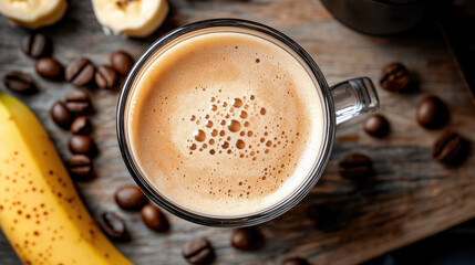 Aromatic espresso latte with banana and coffee beans on rustic table