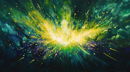 Pulsating explosions of lime green and violet fireworks radiating in shimmering waves