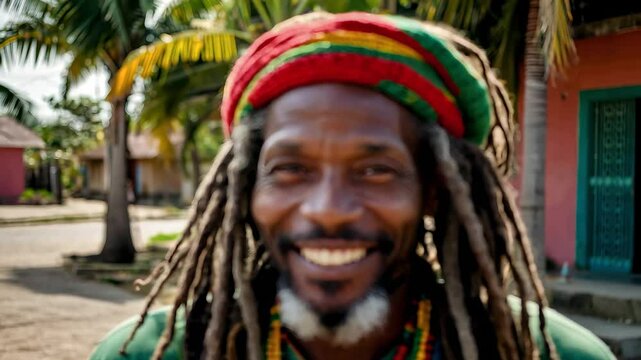 Smiling senior African man with dreadlocks wearing a colorful headband. He stands outdoors with palm trees and colorful buildings in the background.
