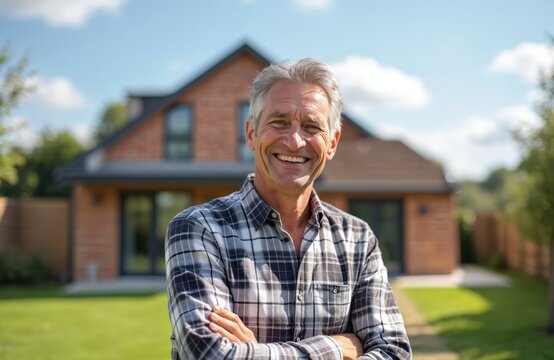 Smiling middle-aged man poses outside his house. He wears plaid shirt, looks happy. Mature adult enjoys life, demonstrates happiness. Homeowner in yard, sunny day.