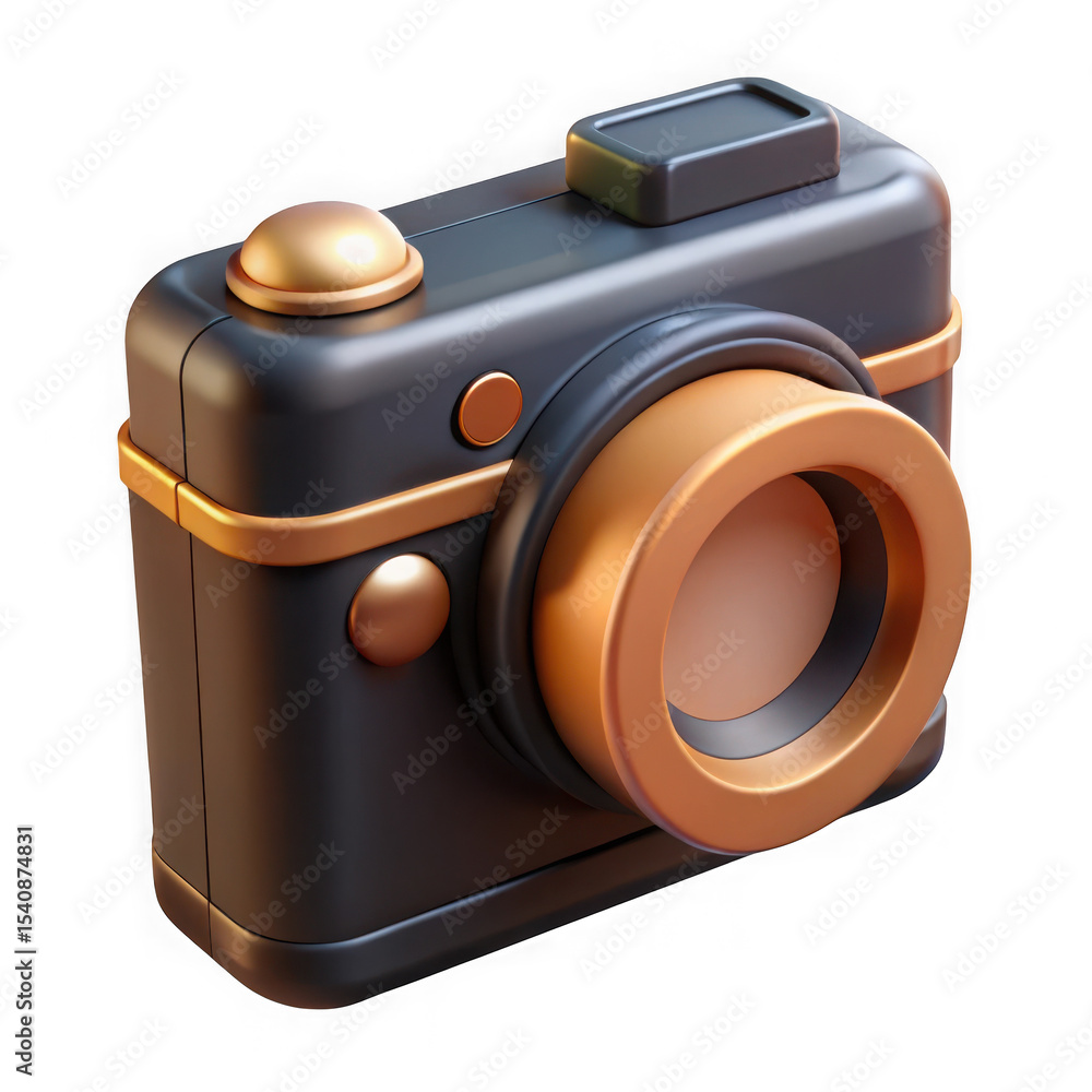 Poster stylish 3d rendered camera with gold and black color scheme isolated on transparent background