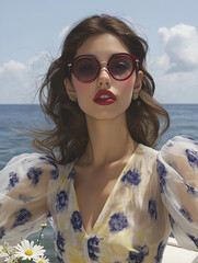 Model in a floral yellow and blue dress with sunglasses and red lipstick poses by the sea. Romantic summer fashion with vintage inspired style.