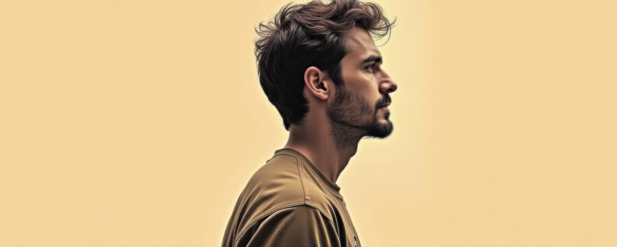A profile portrait of a young man with tousled hair, showcasing a thoughtful expression against a soft, warm background.