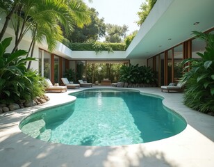 Modern outdoor pool oasis with rich green plants. Clear turquoise water, minimalist design, tropical plants, stone wall, sunbeds. Calm, serene setting perfect for relaxation, leisure, vacation