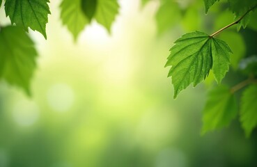 Fototapeta premium Green leaves with beautiful bokeh effect, blurred background. Nature scene with copy space for text. Freshness in natural environment. Ideal for eco tech projects.