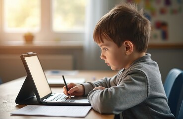 Young boy studies at home using tablet. Child focused on homework assignment during self-isolation. Distance learning online education at home. Student learning with digital tech device during